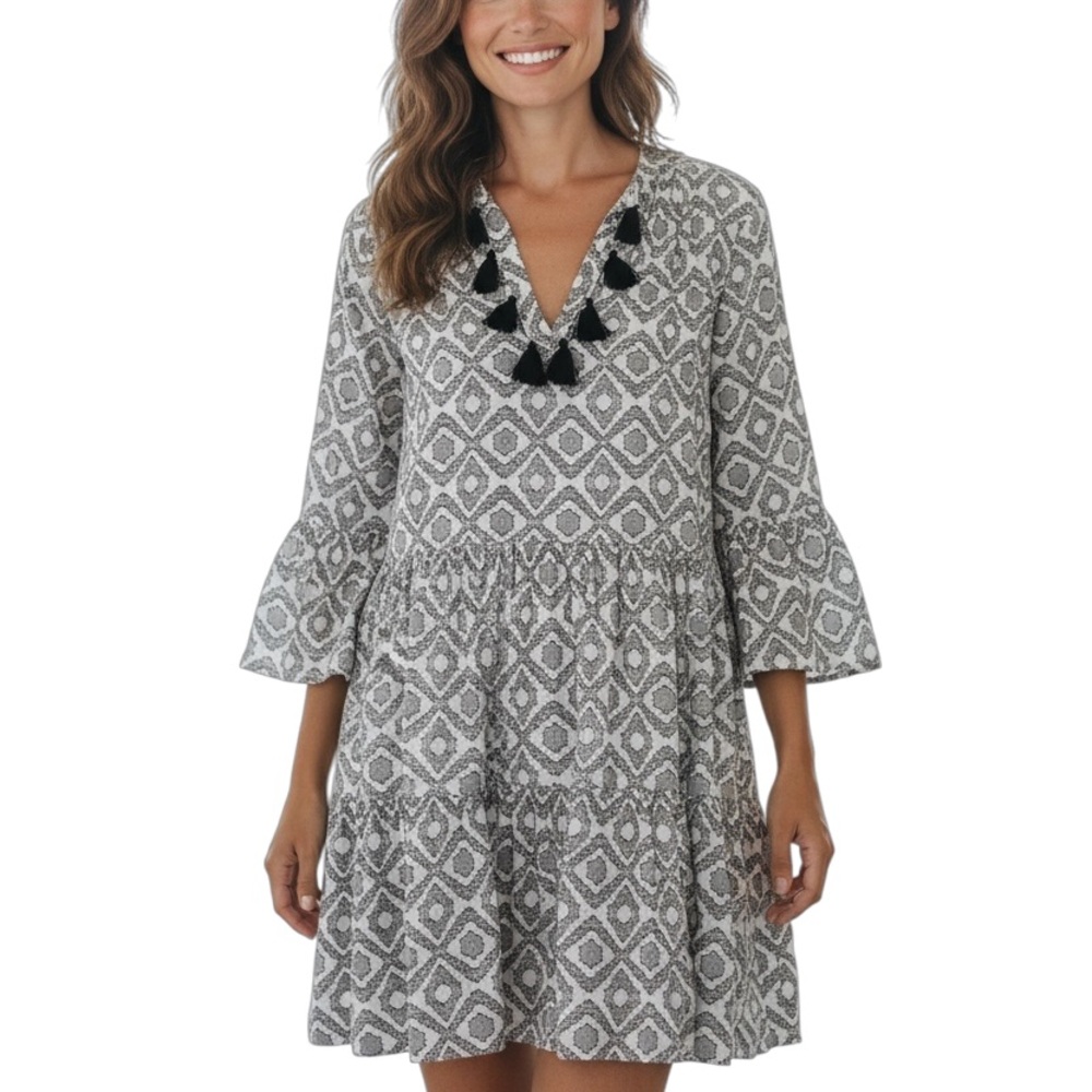 Tommy Bahama Black White Dress  Tassels Size M summer vacation beach